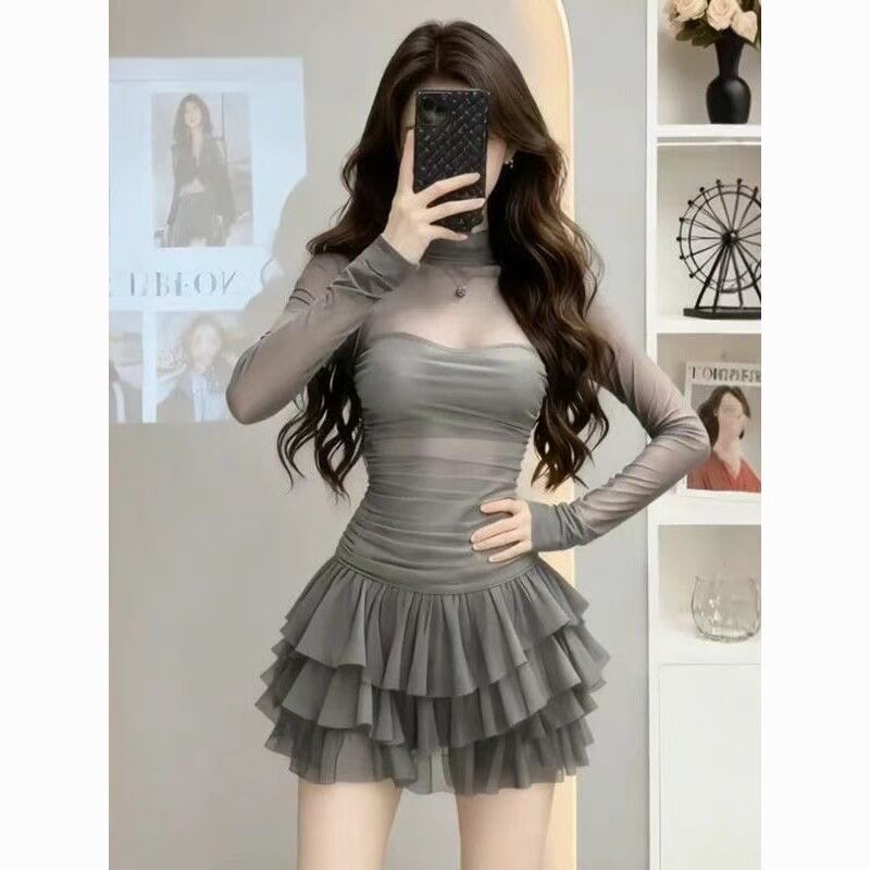 轻奢气质网纱拼接长袖深高领蛋糕裙女高级感法式宴会礼服