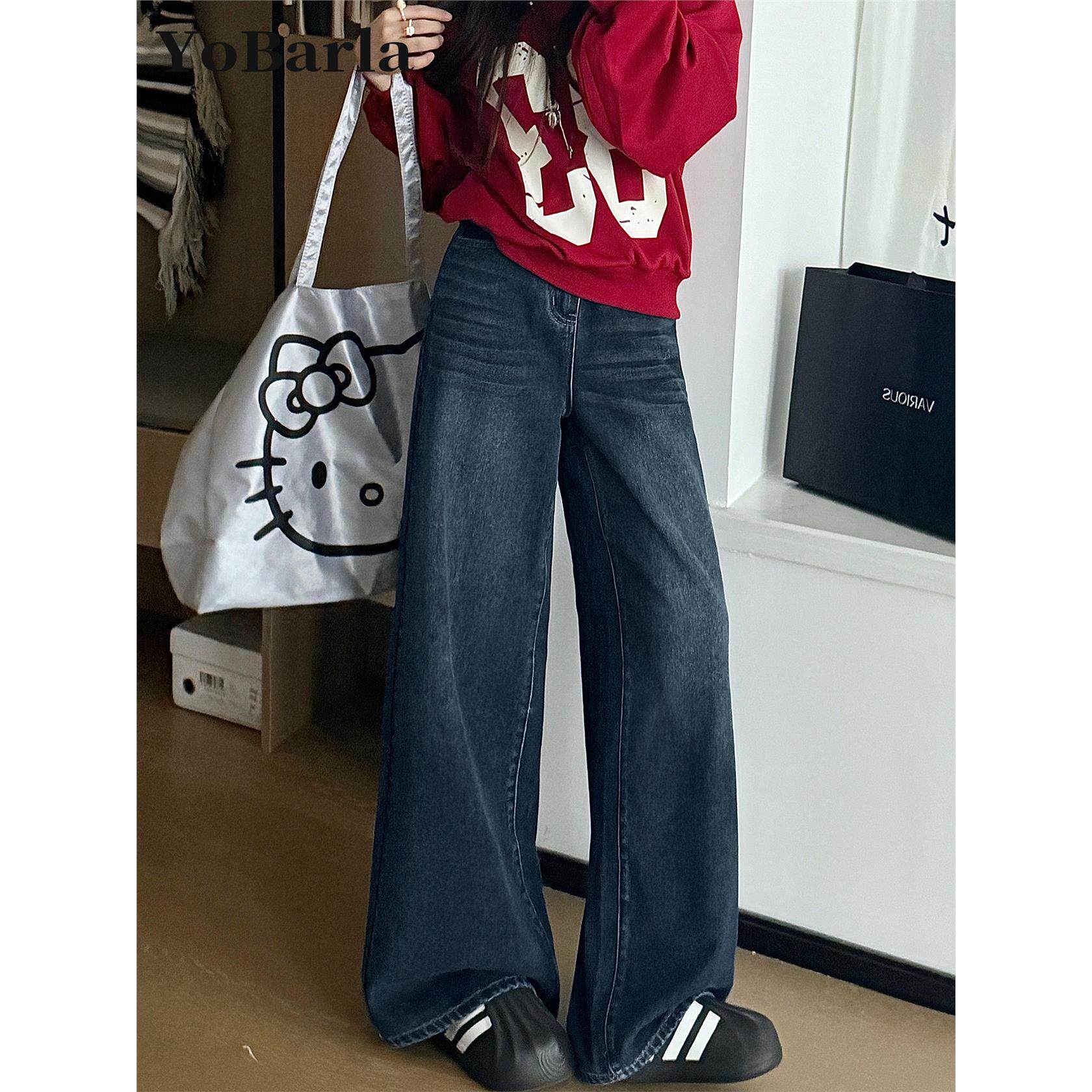 蓝灰色阔腿牛仔裤女秋冬加绒胖mm大码宽松梨型身材显瘦垂感直筒裤