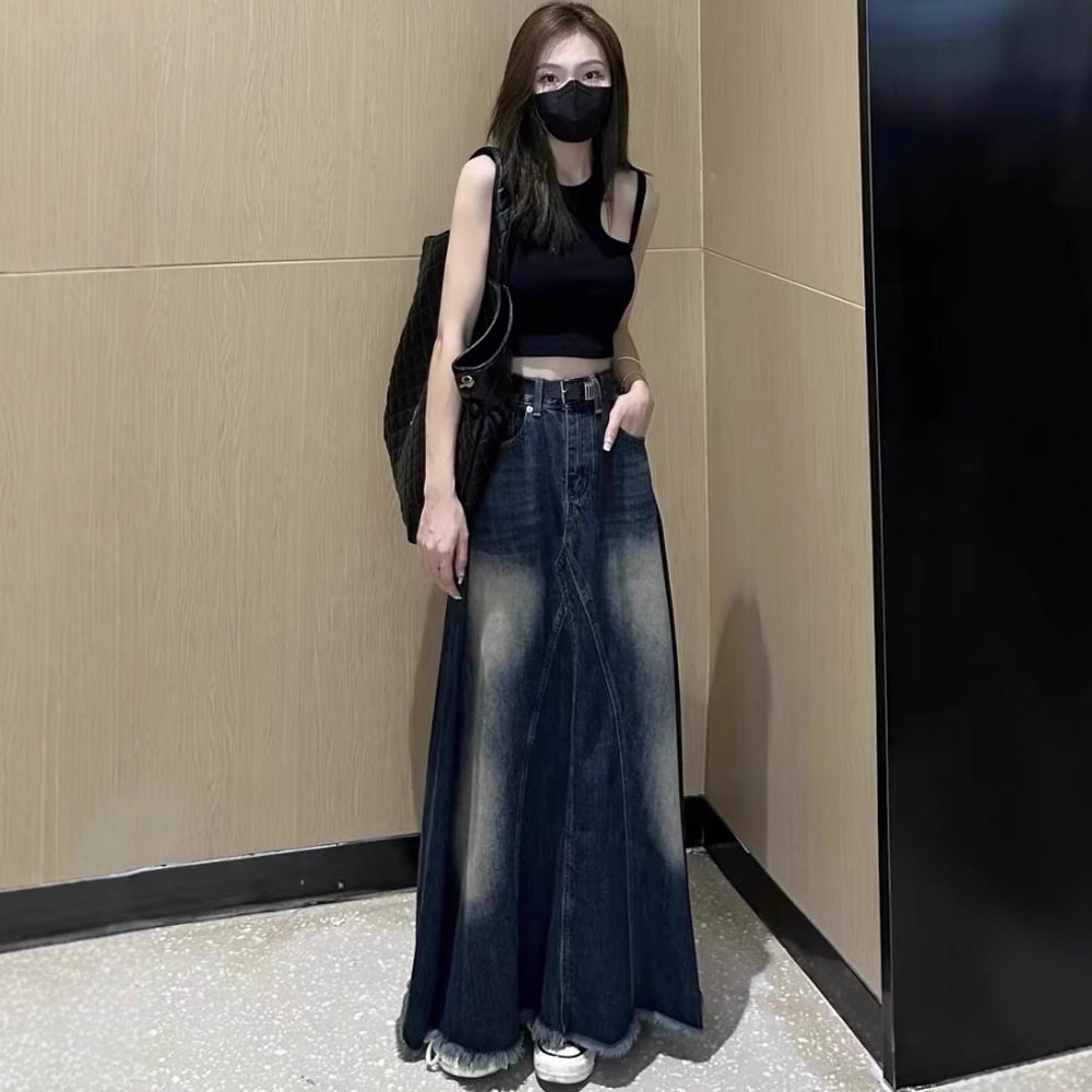 半身裙女牛仔长裙高腰毛边新款秋季中长款高个子裙a字伞裙大摆裙