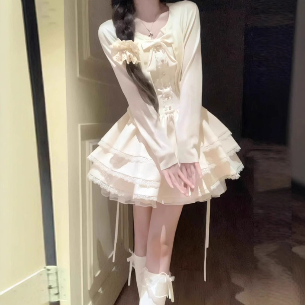 法式甜美独特超好看开衫外套蓬蓬蛋糕连衣裙两件套小个子春秋穿搭