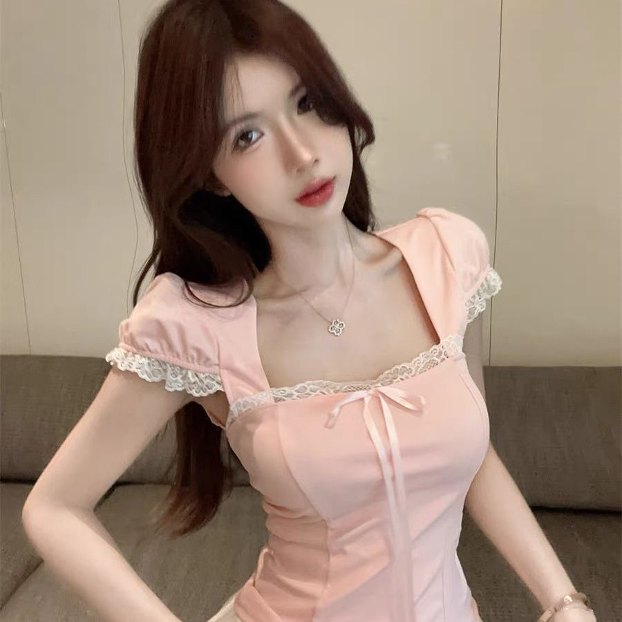 纯棉纯欲甜辣妹泡泡袖鱼骨小上衣女夏季方领蕾丝短袖t恤法式绝美