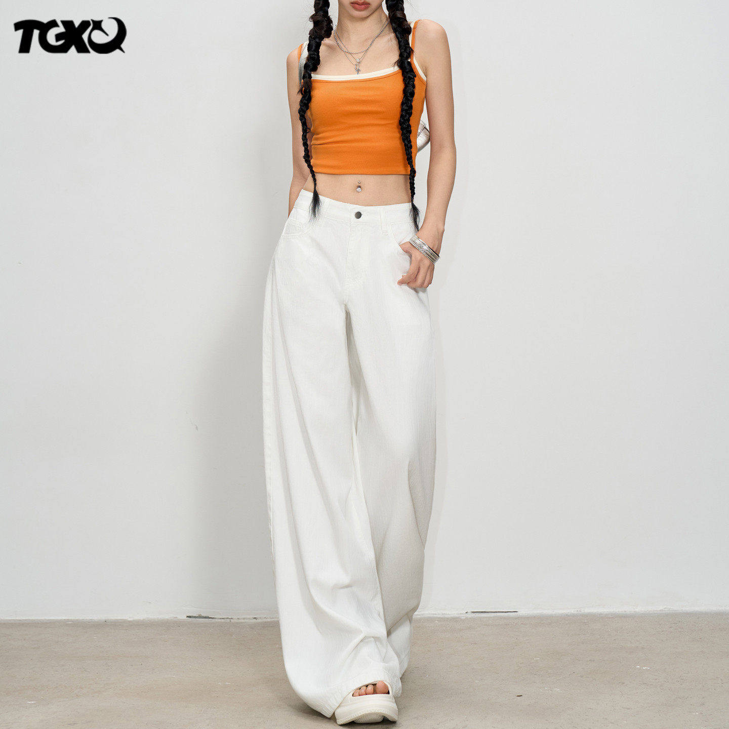 白色牛仔裤女2025新款夏季高腰美式复古百搭拖地宽松慵懒风阔腿裤