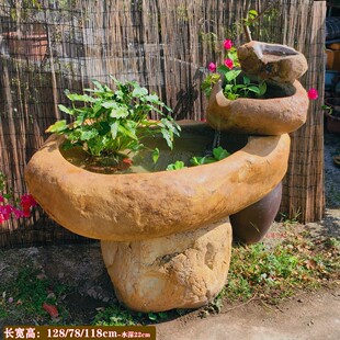 石头叠层流水摆件石盆鱼池户外鱼缸庭院石缸造景户外宋式庭院水景