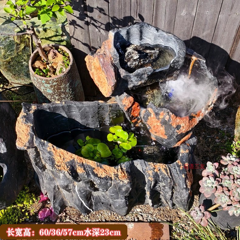 天然黑山石小型流水造景摆件石缸