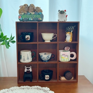 复古实木九宫格置物架 杯具手办盲盒展示架 可悬挂收纳小格子架