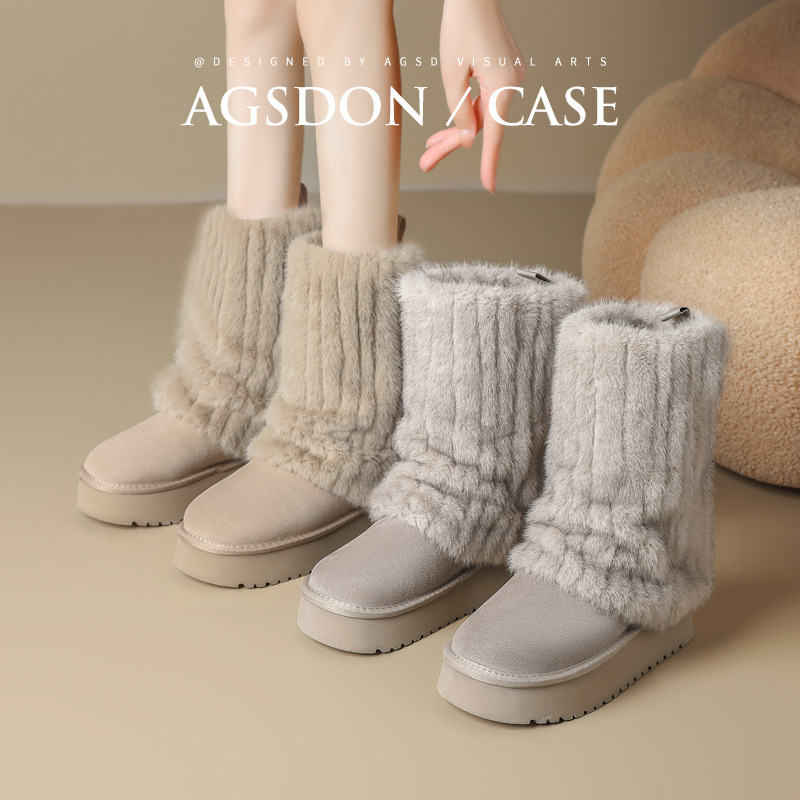 奥古狮登中筒雪地靴女2025新款冬季加绒加厚裤管厚底毛毛棉鞋短靴