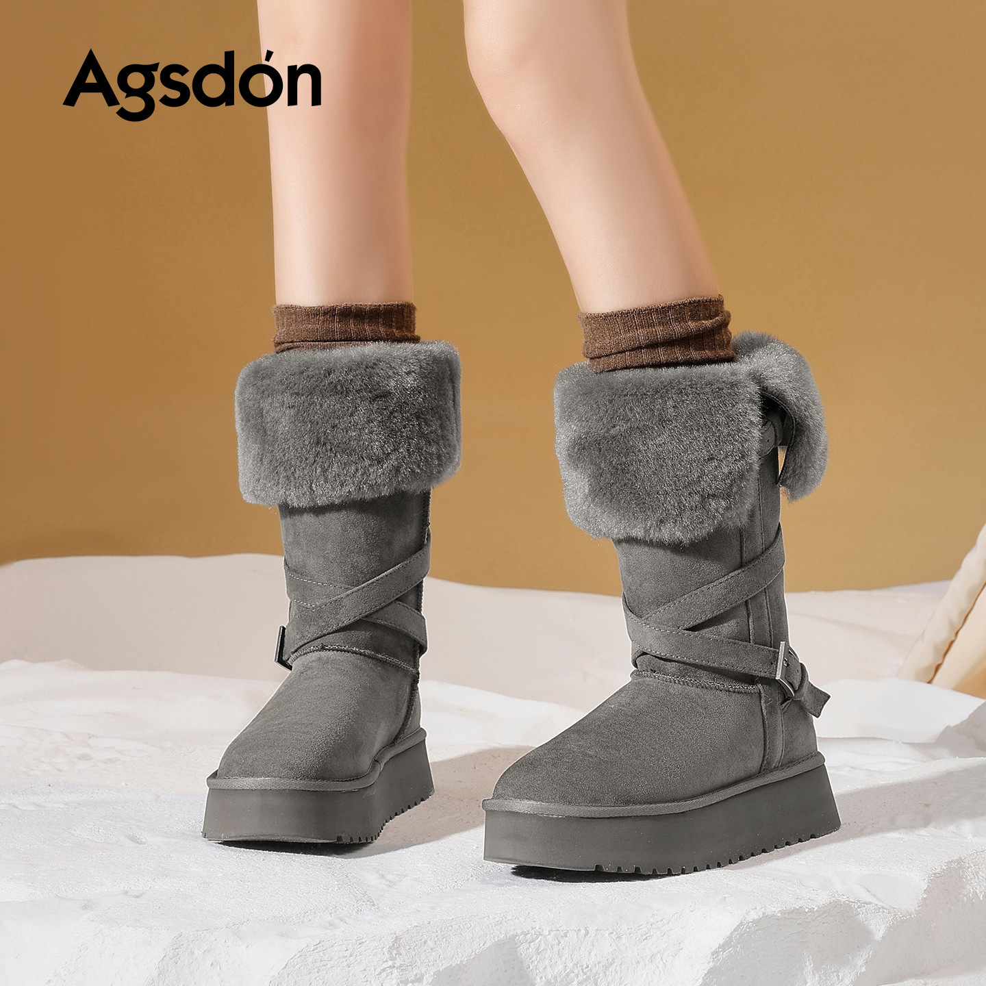 奥古狮登厚底灰色雪地靴女2025冬季新款加绒高筒棉靴毛毛绒长筒靴