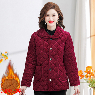 新款中老年女加绒加厚棉衣外套大码宽松纯色条绒棉服妈妈保暖棉袄