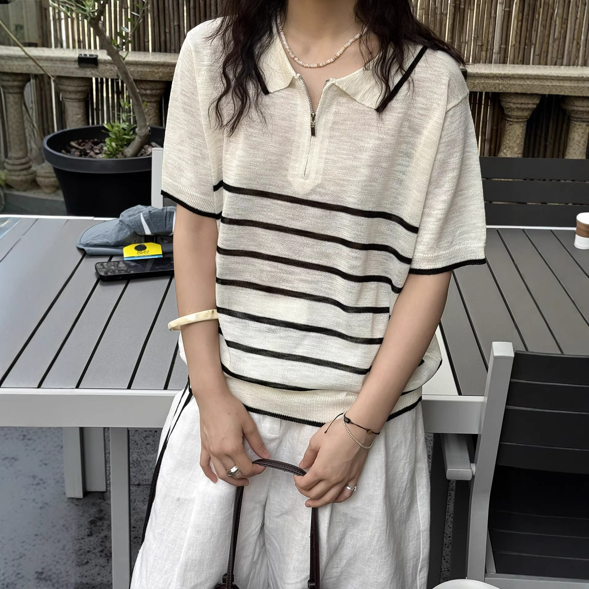 有乐夏季新款韩版休闲polo领半拉链条纹短袖针织衫松软亲肤上衣女