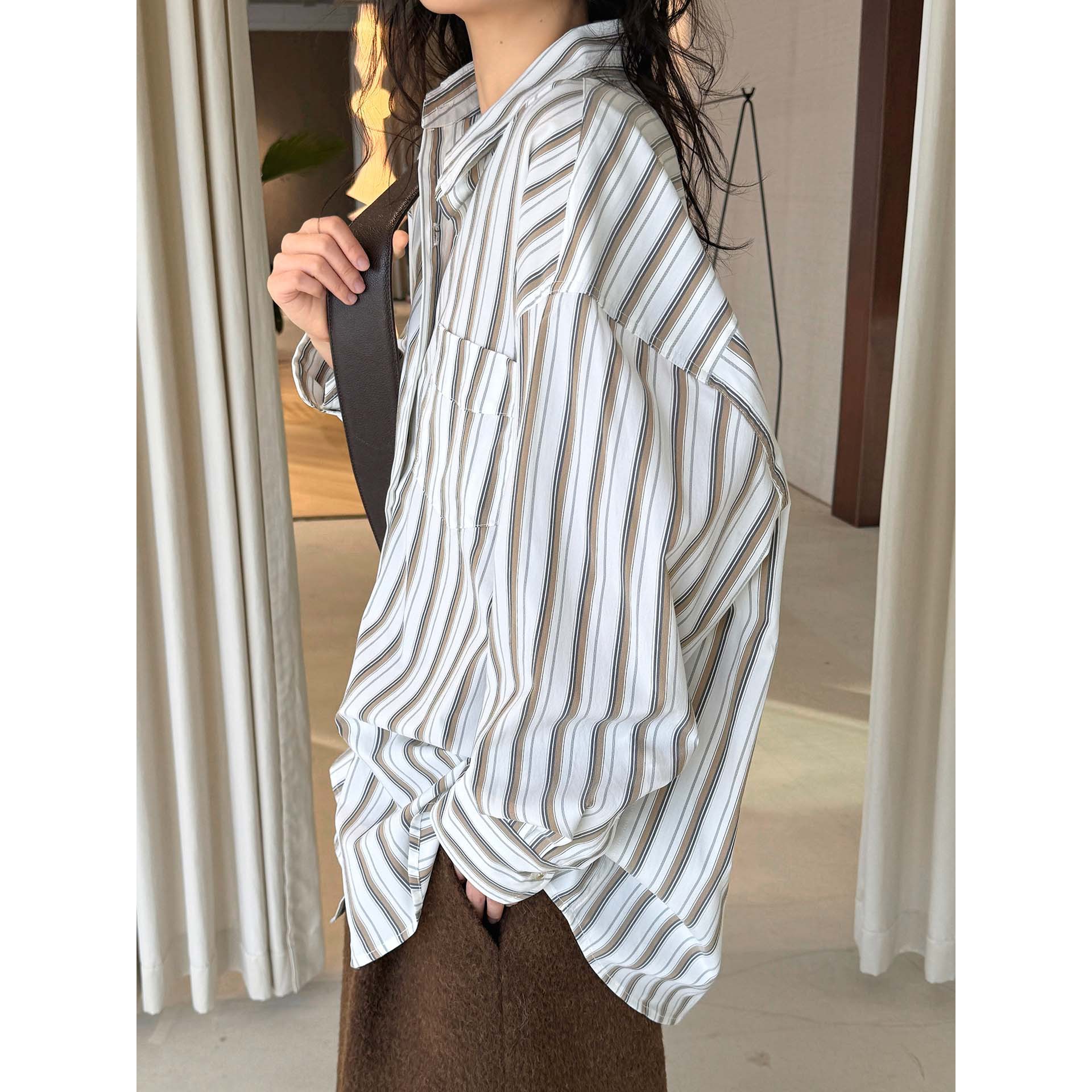 有乐早春新款韩版时髦ins风清新条纹衬衫宽松廓形显瘦休闲上衣女