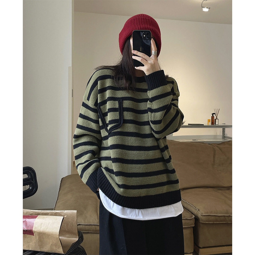 有乐早春新款韩版复古条纹撞色圆领毛衣宽松休闲假口袋设计针织