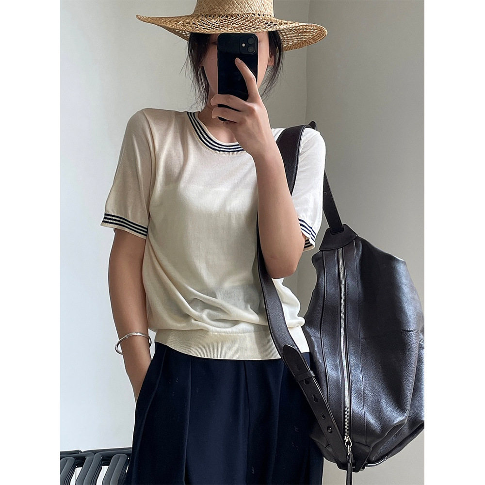 有乐夏季新款韩版时髦撞色条纹圆领短袖T恤宽松显瘦休闲针织上衣