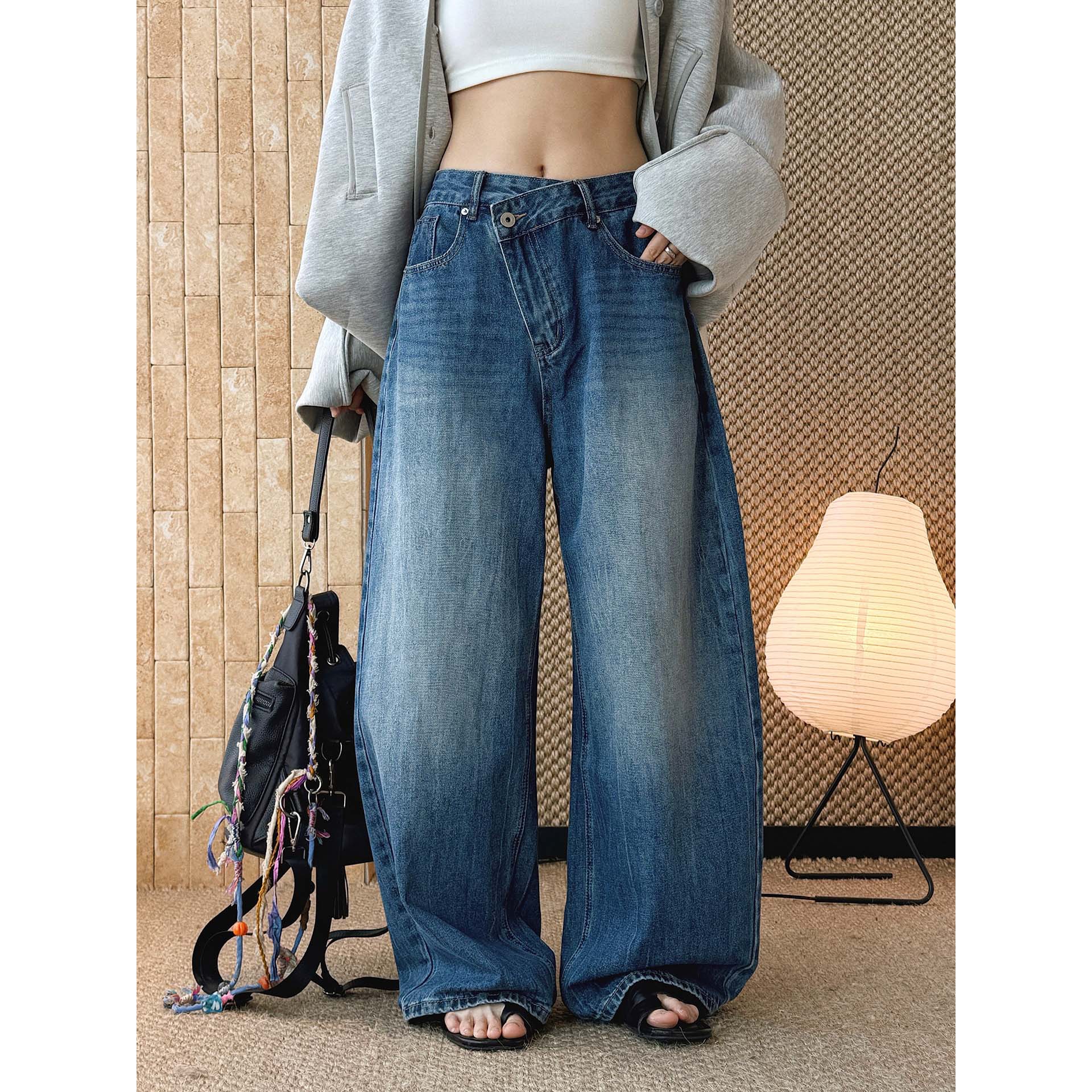 有乐春夏新款韩系复古时髦高腰交叉门襟牛仔裤宽松阔腿长裤女