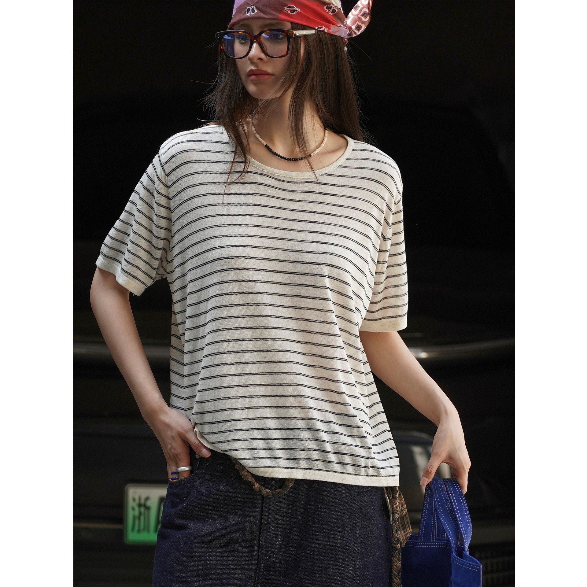 有乐夏季新款韩版简约清爽条纹亚麻感短袖针织衫宽松显瘦上衣女