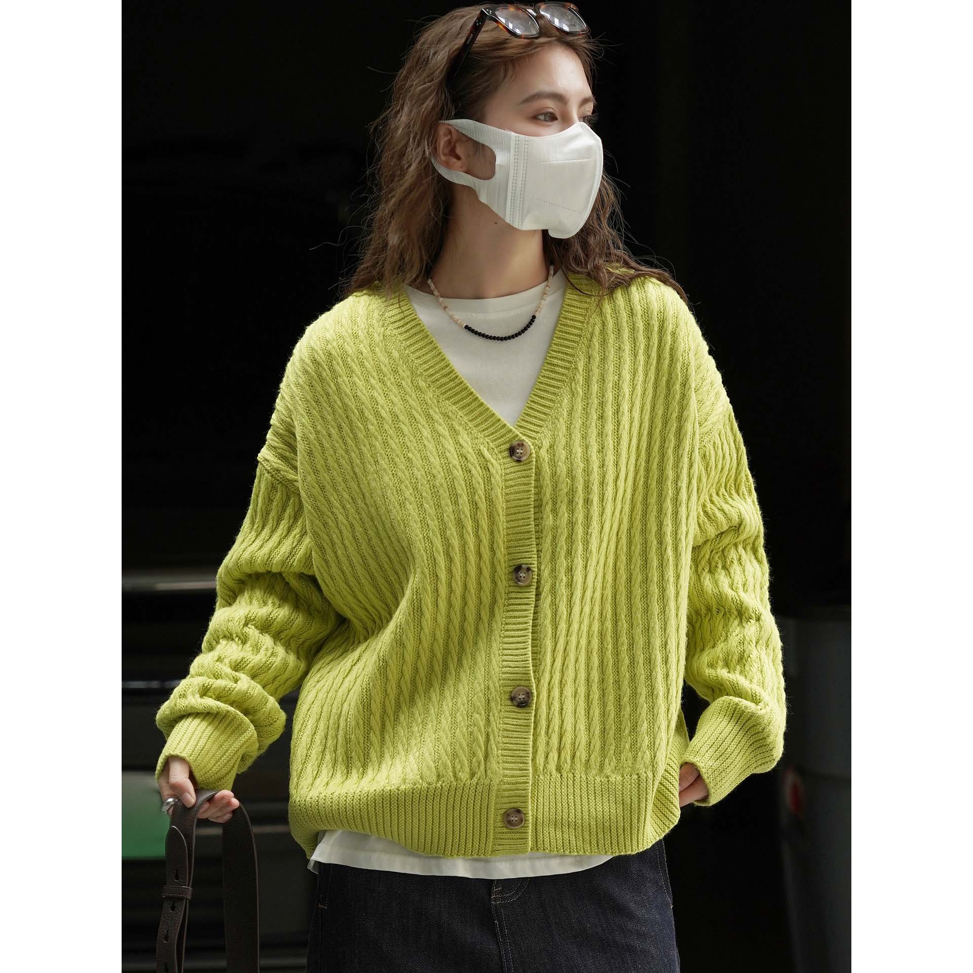有乐冬季新款韩版复古麻花纹针织开衫v领宽松显瘦休闲长袖外套女