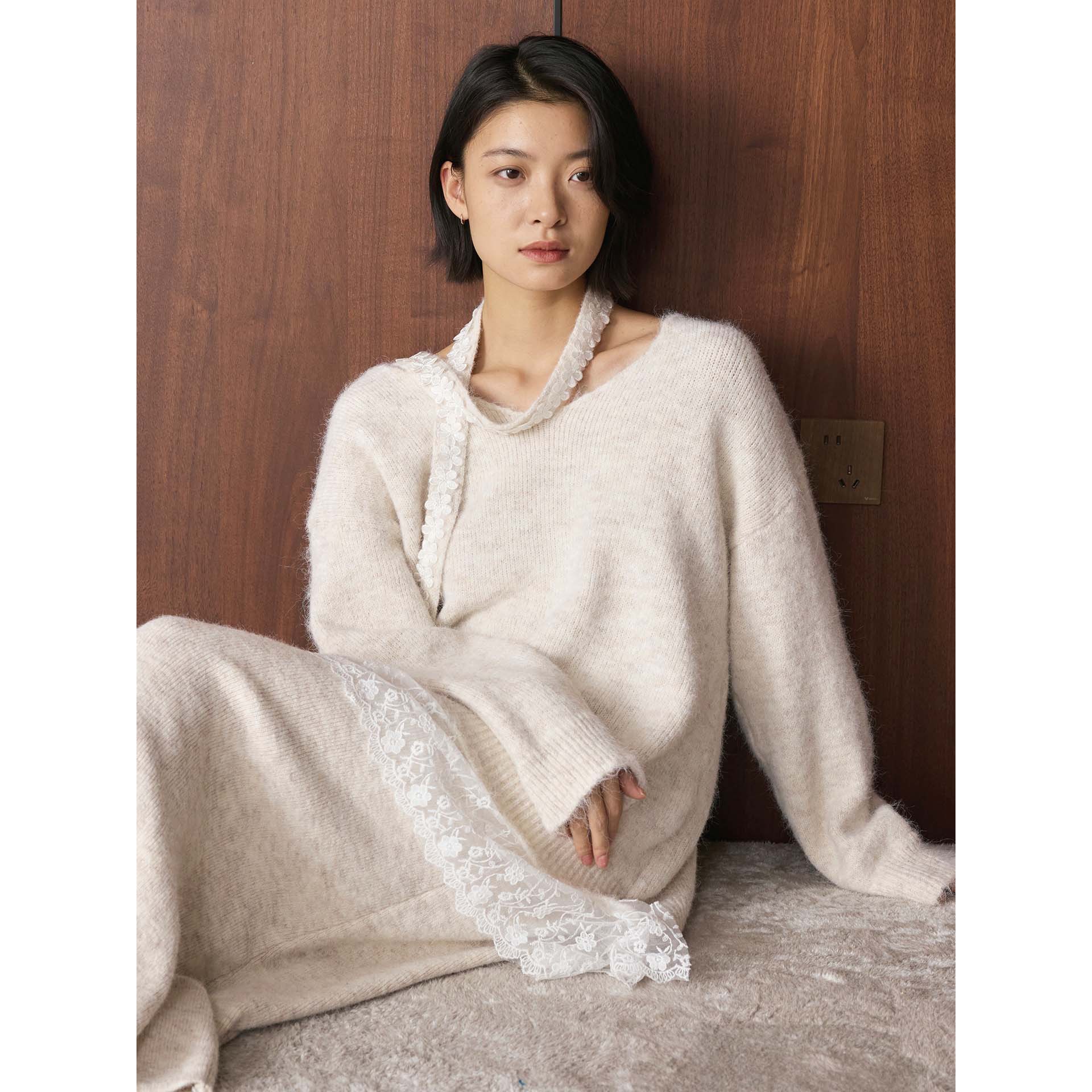 有乐冬季新款韩系时髦蕾丝羊毛毛衣围巾半身裙三件套保暖套装女