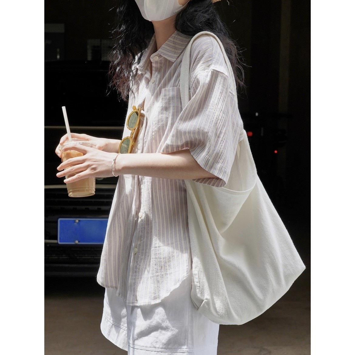 有乐夏日新款韩版复古文艺棉麻感条纹衬衫宽松显瘦休闲防晒上衣女