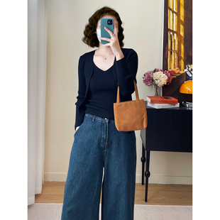 春季螺纹吊带v领叠穿长袖针织开衫女新款修身显瘦两件套上衣外套