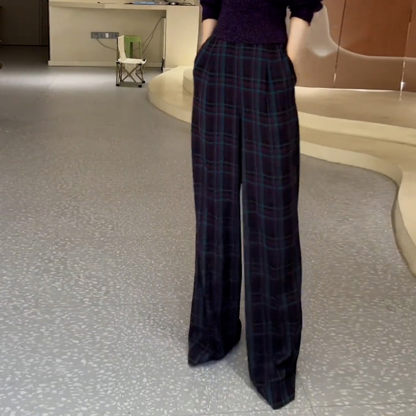 冬季女加厚休闲格子拖地西装裤