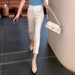 韩版直筒休闲裤女款2022春季高腰烟管裤白色干净显瘦净版九分裤子