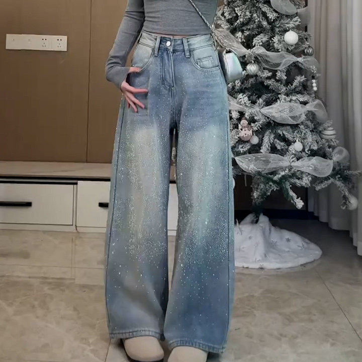 满天星烫钻牛仔裤女2026春季新款亮闪闪裤子显瘦时尚阔腿直筒裤,女装/女士精品,大码裤装,淘宝优惠券,粉丝福利购,淘宝优惠卷