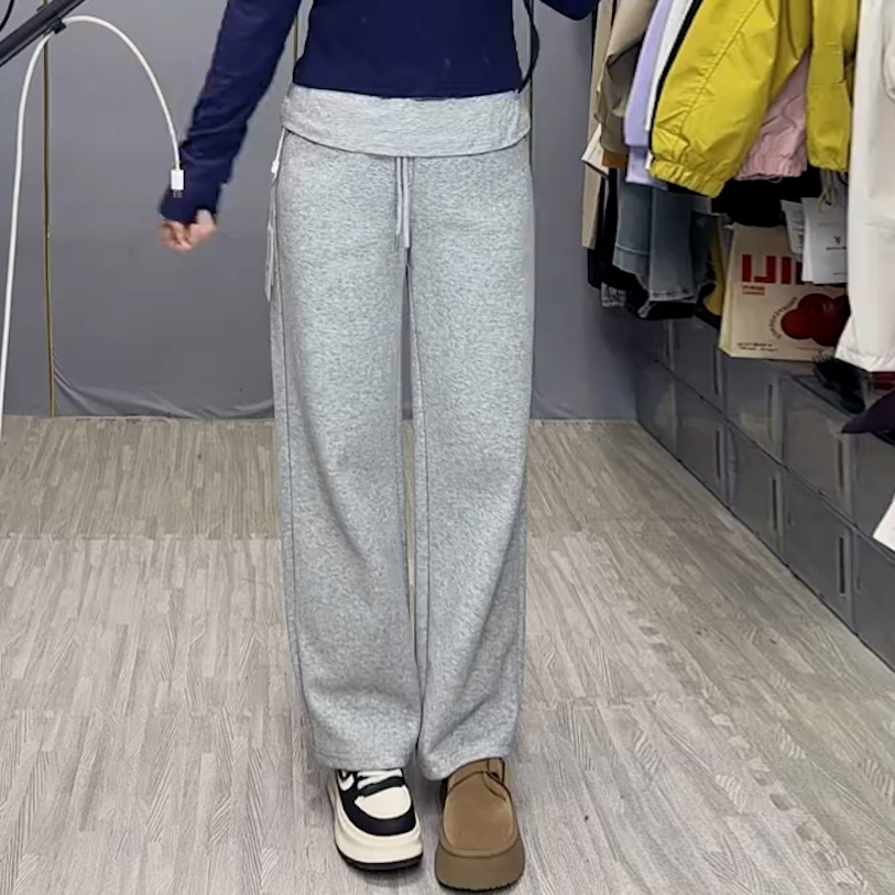 秋冬女休闲抽绳阔腿运动卫裤