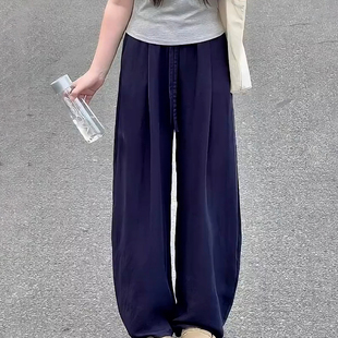 藏青色天丝亚麻裤女春夏季新款高腰显瘦弯刀裤宽松休闲棉麻阔腿裤