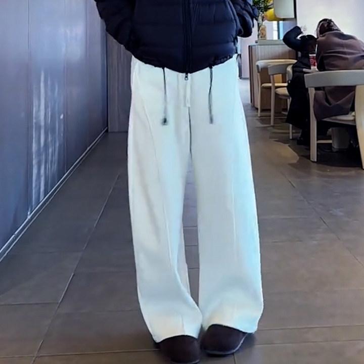 白色抽绳高腰休闲裤女冬季新款小个子宽松洋气减龄直筒阔腿卫裤,女装/女士精品,大码裤装,淘宝优惠券,粉丝福利购,淘宝优惠卷