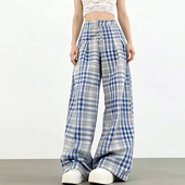韩系简约蓝白格子休闲裤 宽松高腰减龄阔腿长裤 女2026年春夏季 新款