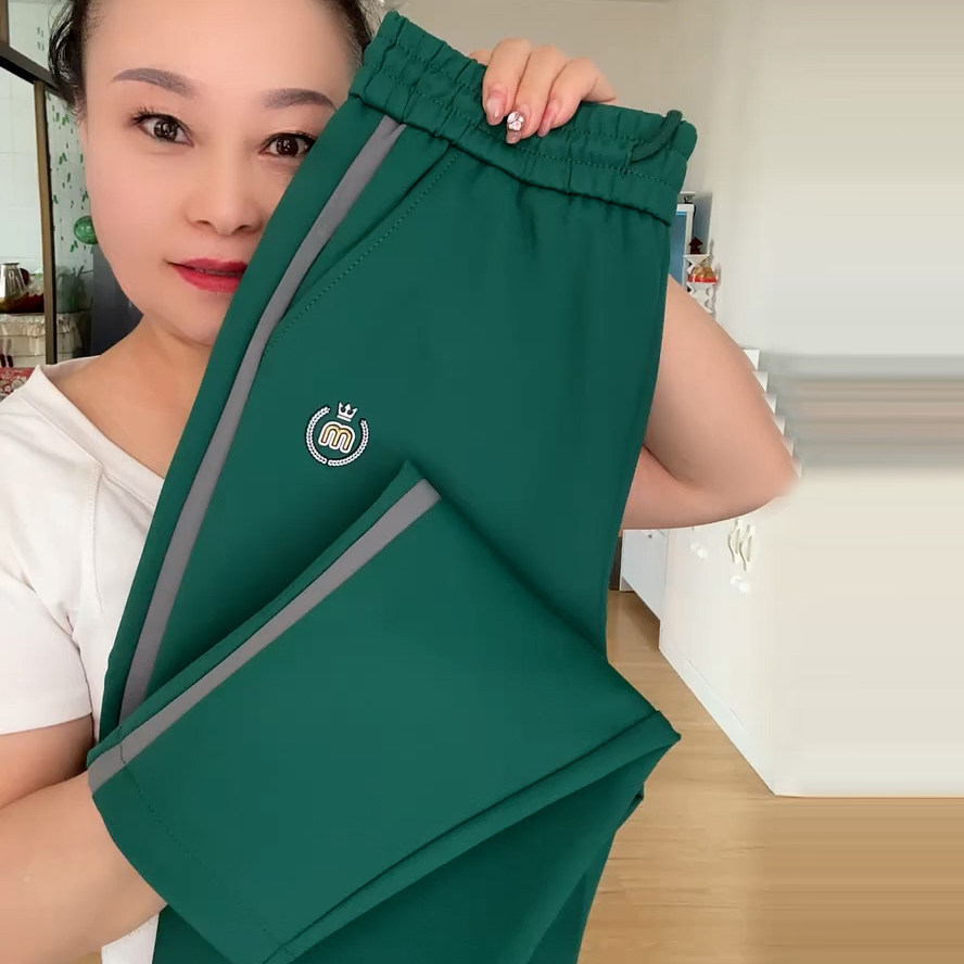 2026夏季薄款弹力透气休闲M标侧条纹中年妈妈墨绿色九分哈伦裤女