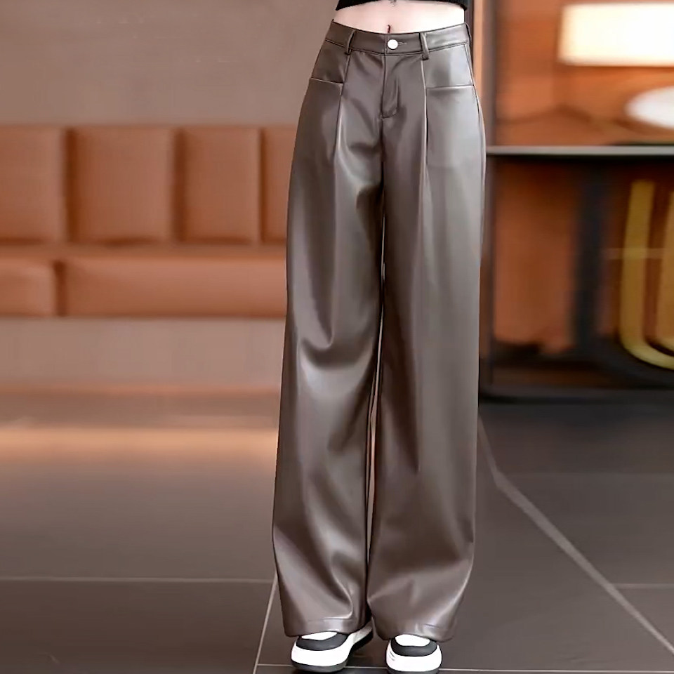 冬季女高腰复古洋气直筒阔腿皮裤