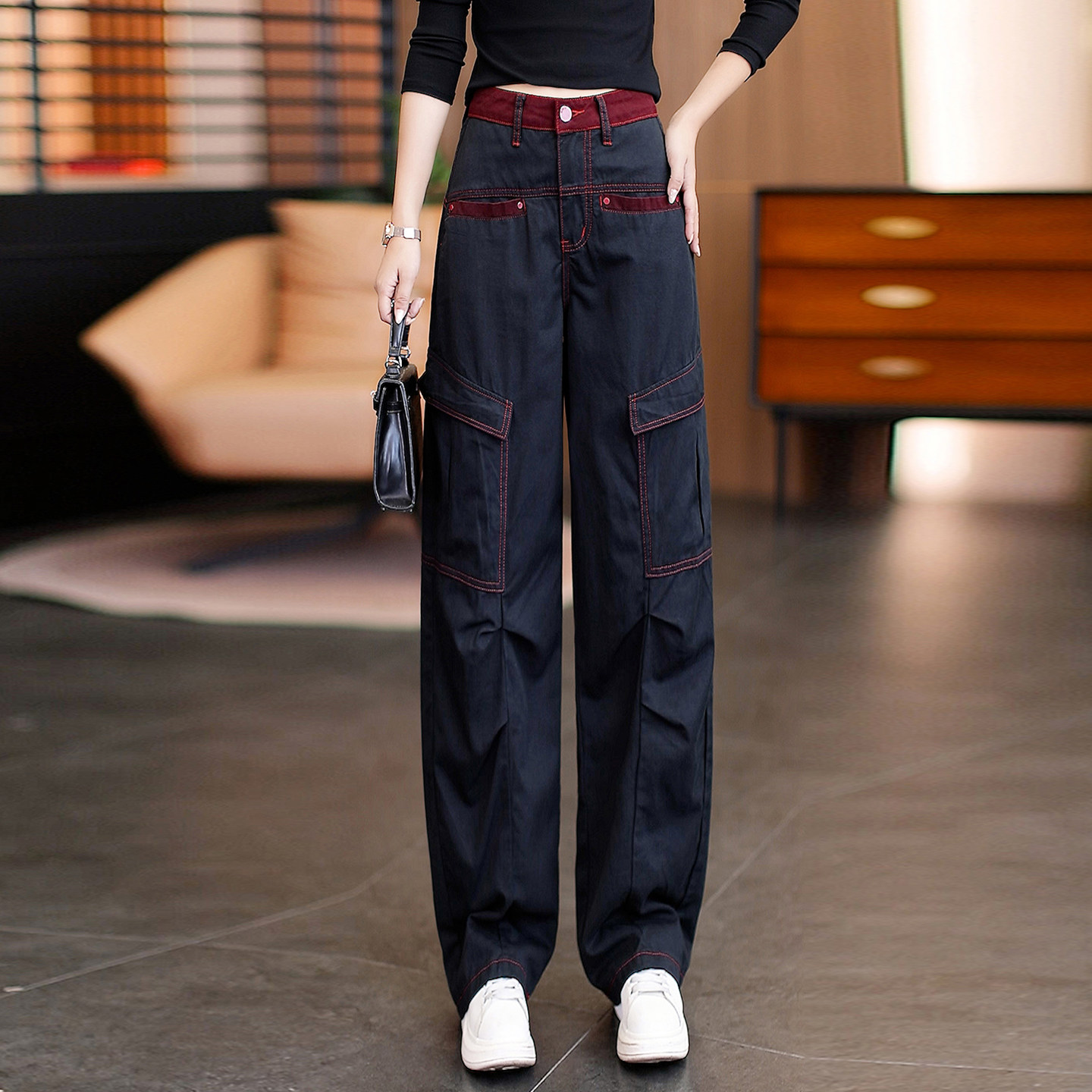 冬季女撞色休闲直筒工装牛仔裤