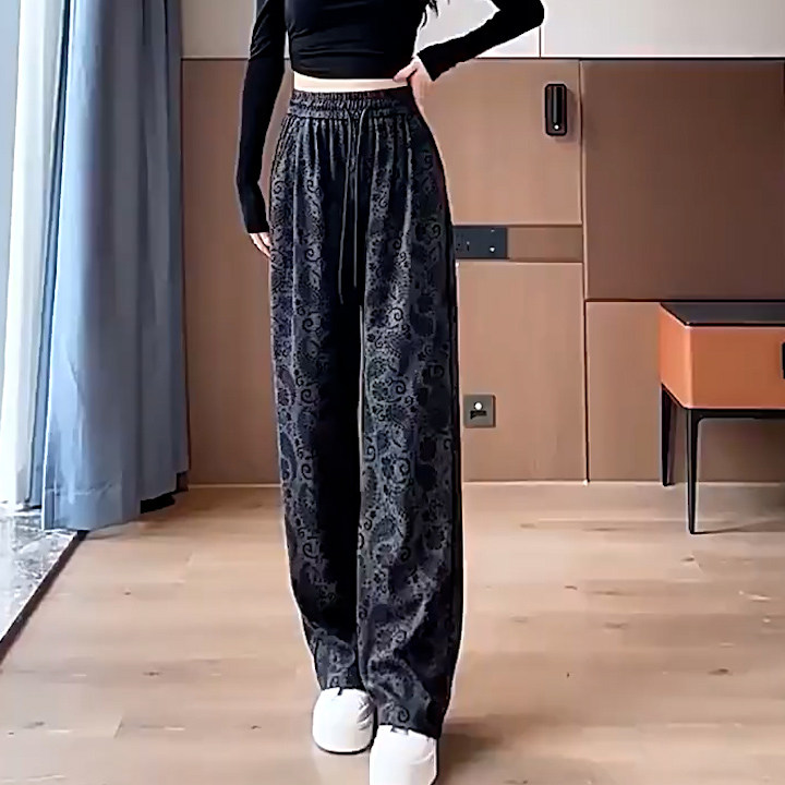 复古印花阔腿裤女2026春季新款冬季高腰腰果花纹休闲窄版直筒裤,女装/女士精品,大码裤装,淘宝优惠券,粉丝福利购,淘宝优惠卷