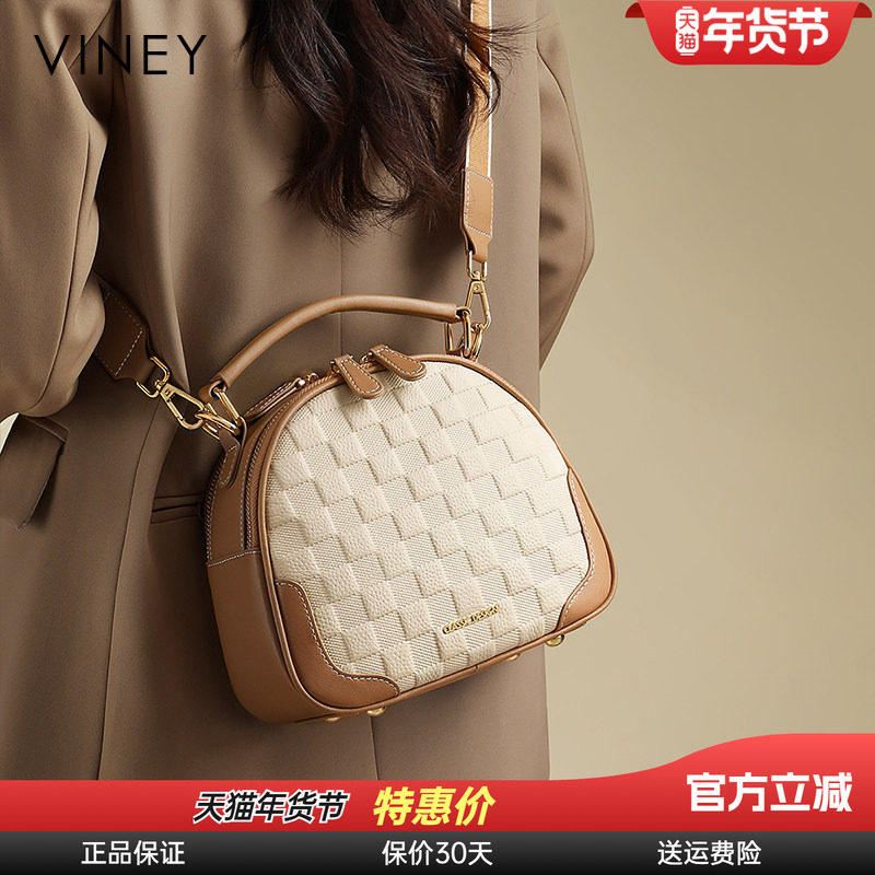 Viney包包2026新款冬季女包真皮单肩手提小圆包大容量通勤斜挎包