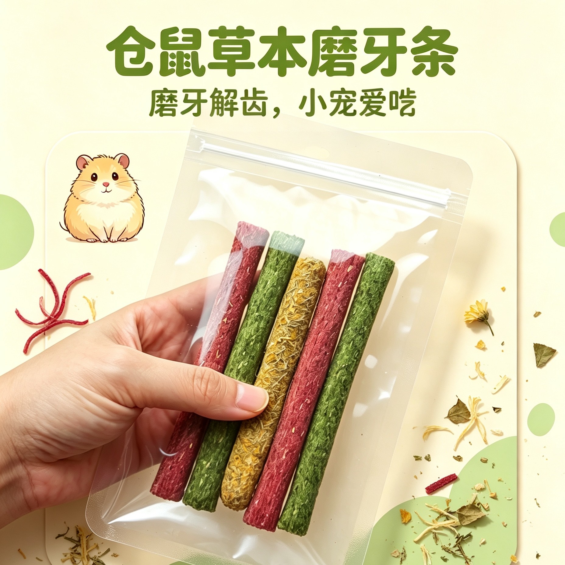 仓鼠草本磨牙棒零食小饼干躺手神器金丝熊花枝鼠龙猫三种粗粮零食