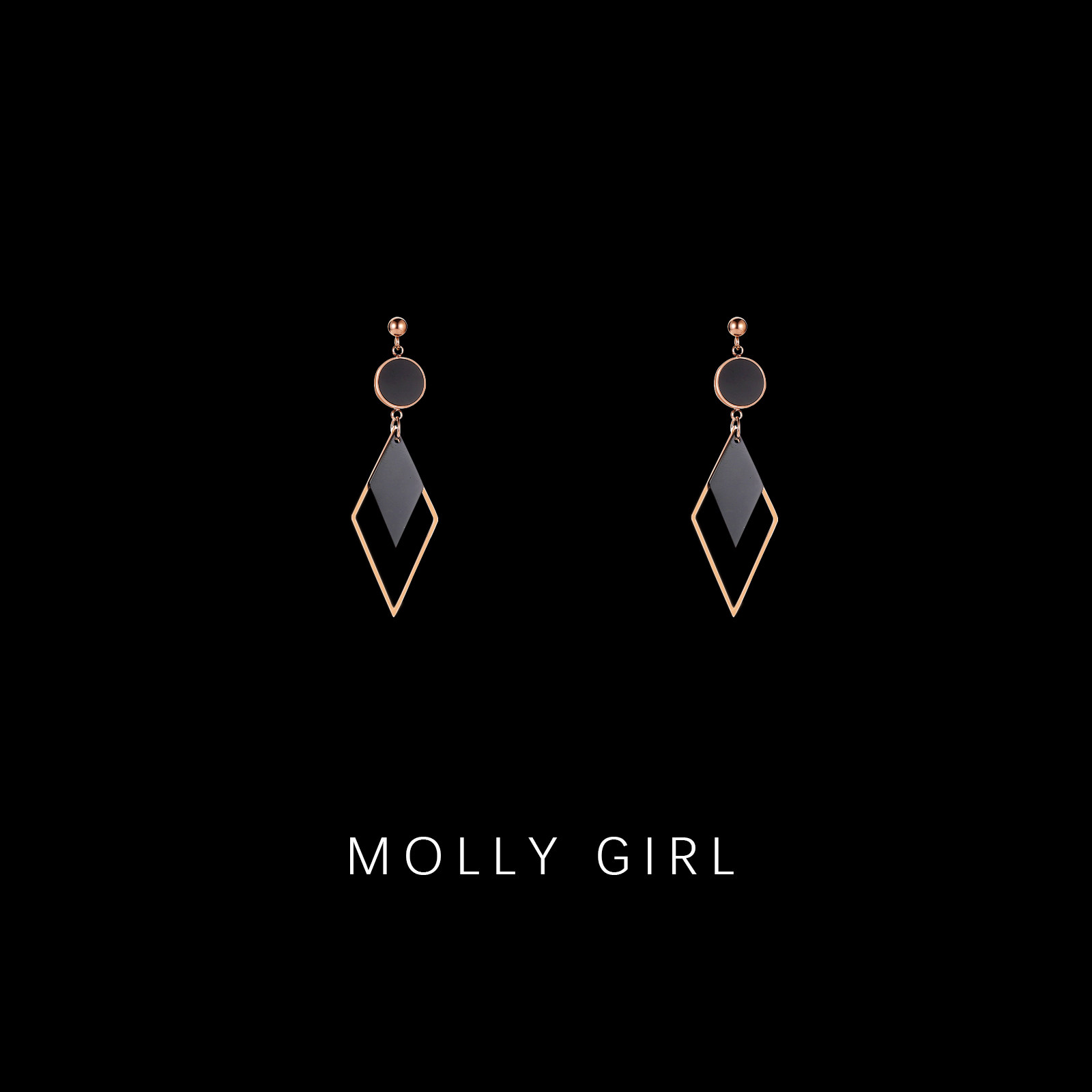 钛钢黑色几何菱形耳环女长款气质韩国防过敏圆牌耳钉网红耳坠爆款