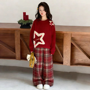 女童冬装毛衣针织衫儿童红色拜年服毛呢加绒格子裤阔腿裤时髦套装