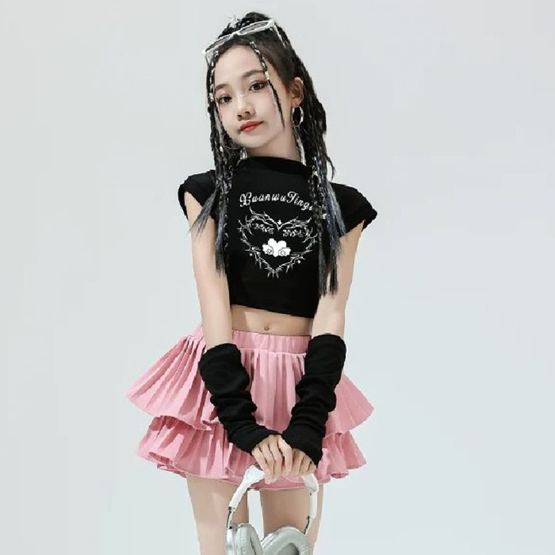 女童夏季套装爵士街舞表演出服装儿童短袖百褶蛋糕裙时髦两件套潮