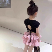 百褶蛋糕裙炸街两件套 洋气时髦儿童抽绳露背T恤上衣 女童夏季 套装