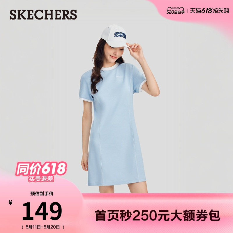 斯凯奇夏季新款女款针织连衣裙T恤裙时尚百搭运动直筒裙舒适长裙