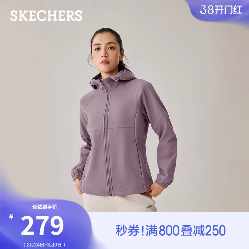 斯凯奇经典款秋冬女款蓄热加绒保暖连帽外套防泼水运动休闲夹克