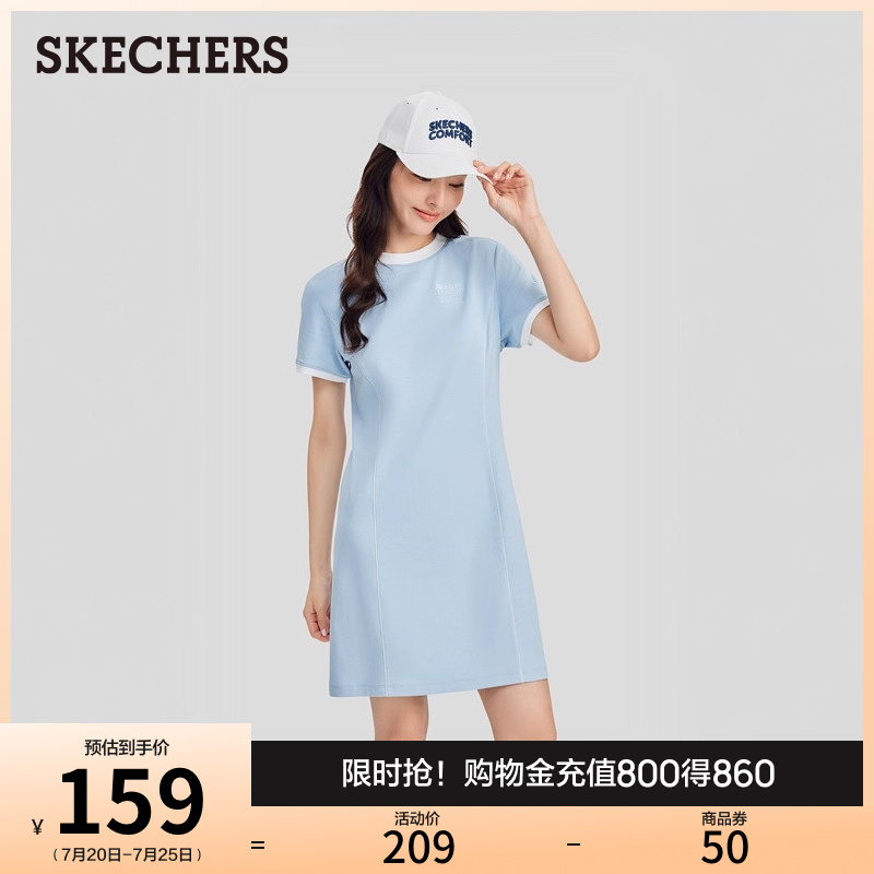 斯凯奇新款夏季针织时尚百搭T恤连衣裙女流行舒适长裙运动直筒裙