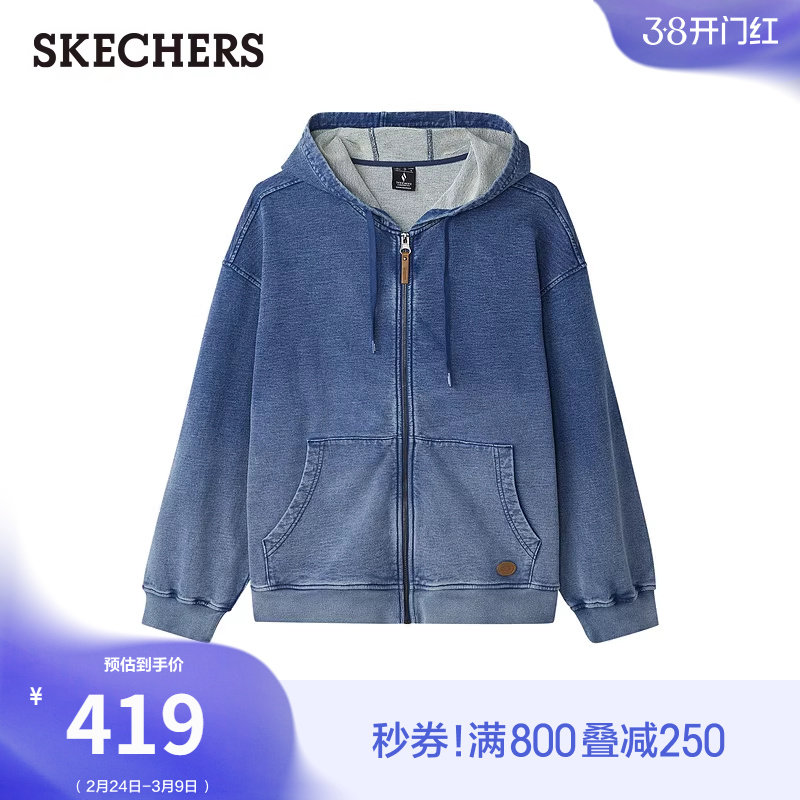 斯凯奇春季男女同款针织外套时尚连帽卫衣通勤简约街头风牛仔上衣