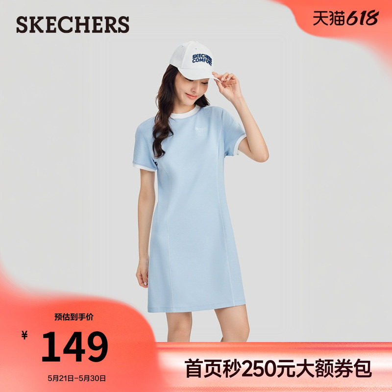 斯凯奇夏季新款女款针织连衣裙T恤裙时尚百搭运动直筒裙舒适长裙