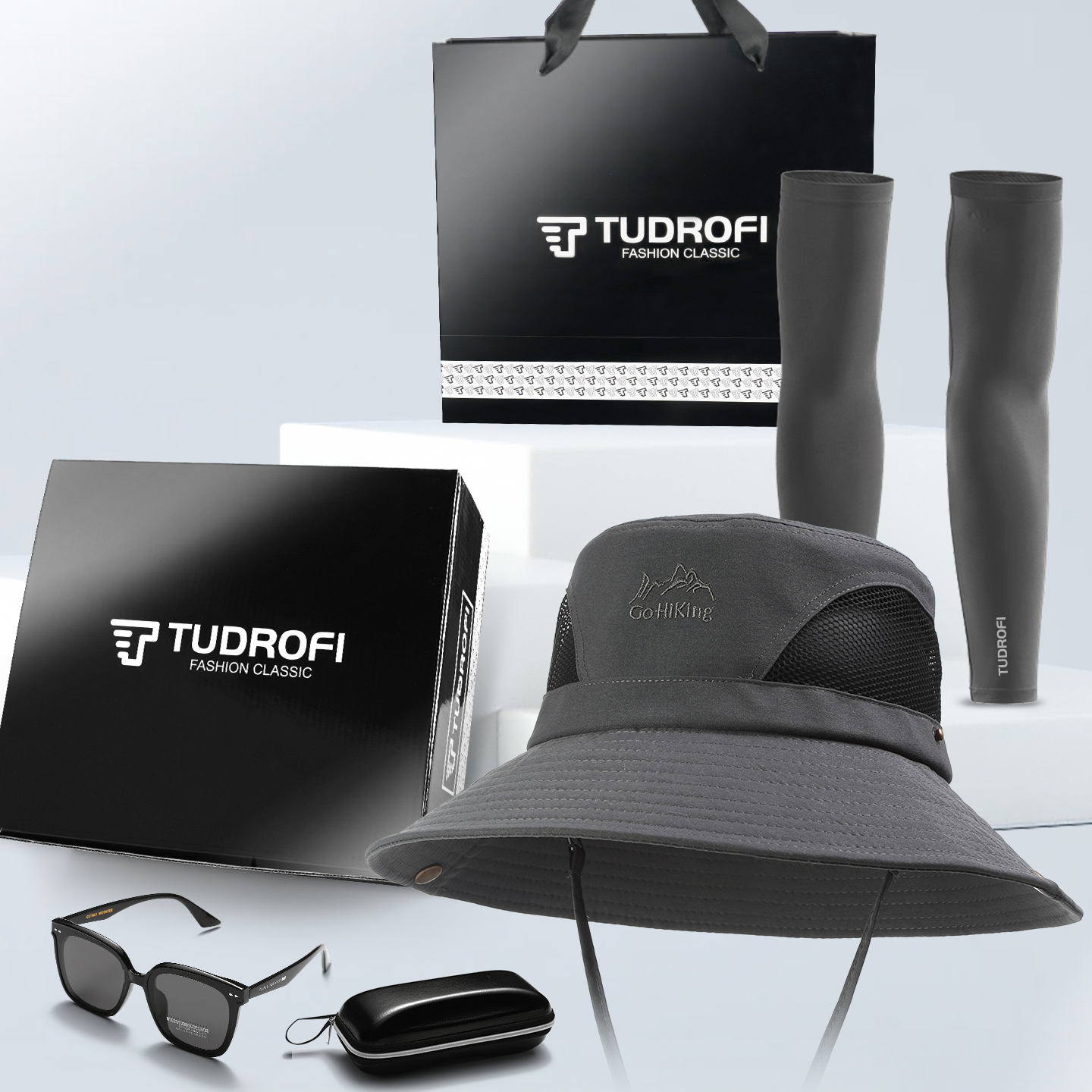 中老年人爸爸户外登山钓鱼渔夫帽子男袖套面罩送老人礼物防晒礼盒