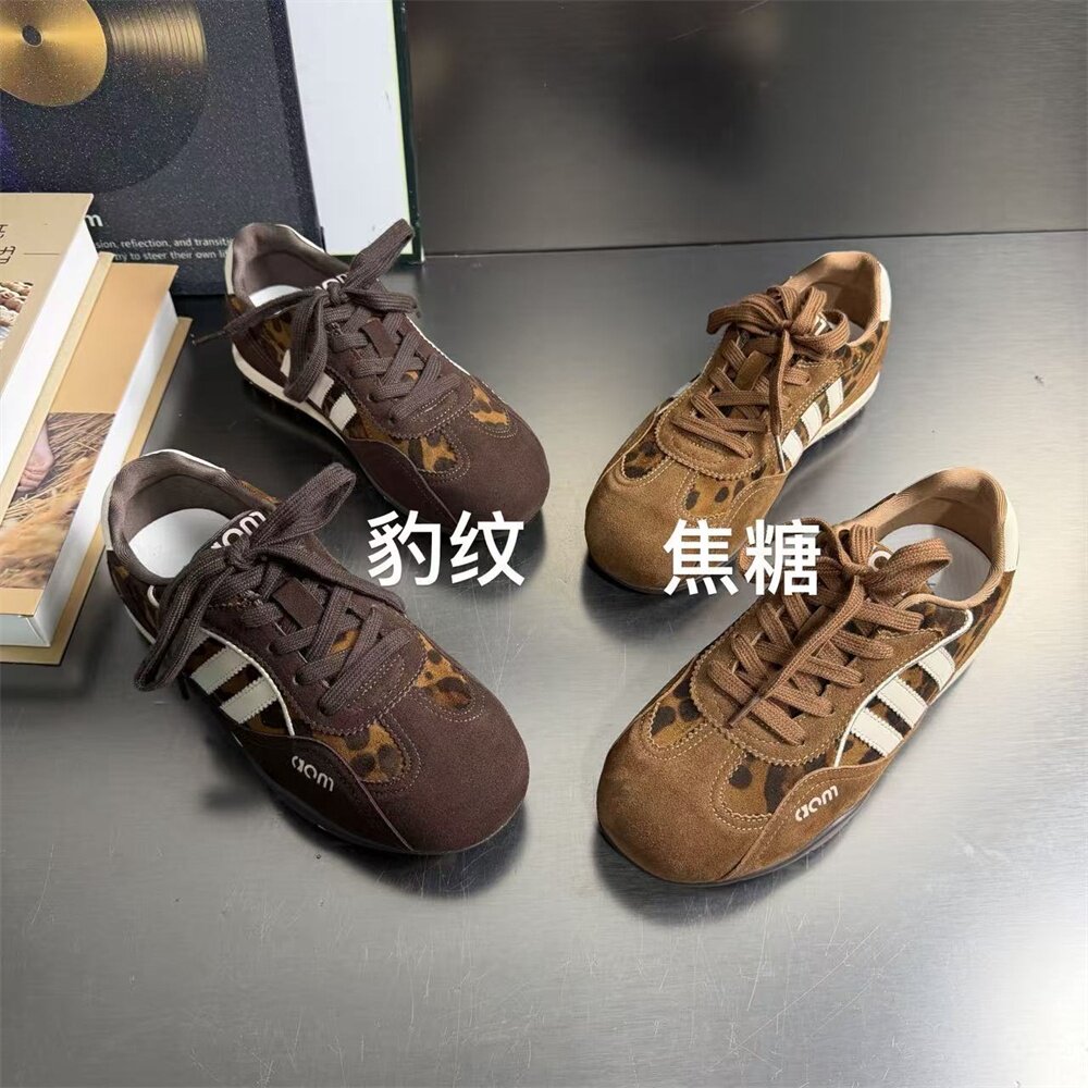 复古豹纹德训鞋女三条杠显脚小