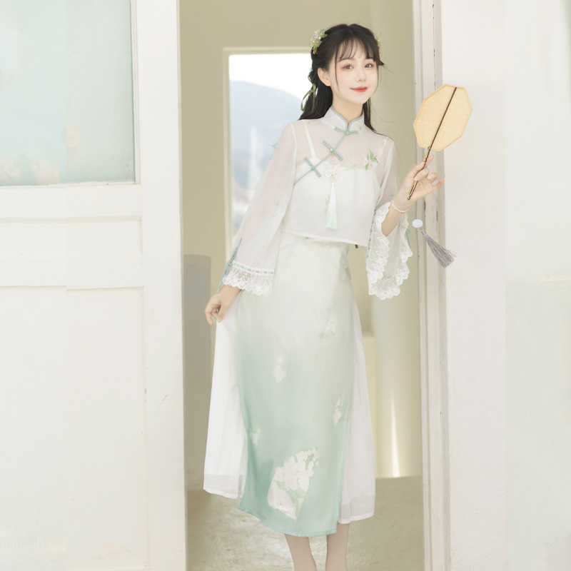 原创茉莉书信汉服女中国风日常汉元素外搭吊带裙套装盘扣套装