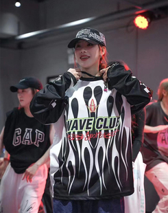 上衣 T恤女秋jazz跳舞美式 BadaLee同款 复古机车风嘻哈球衣宽松长袖