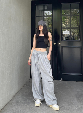 三叫猫灰色运动裤女夏2024宽松直筒阔腿裤子休闲jazz跳舞大码卫裤