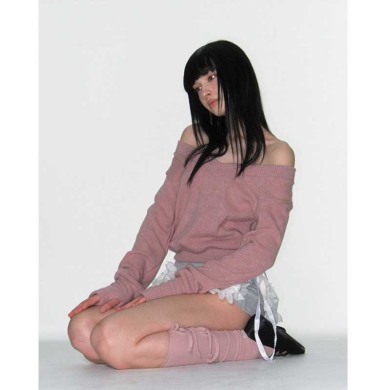 CRANK甜美一字肩毛衣露肩上衣